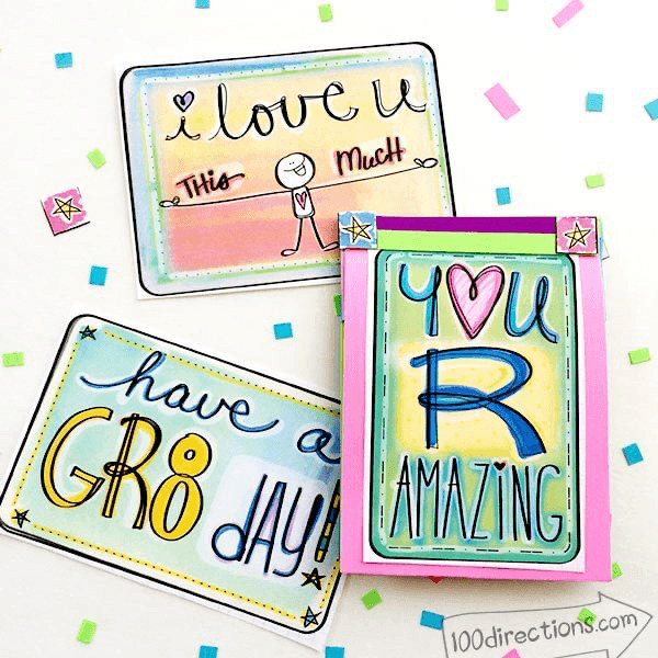 School lunchbox note cards with fun designs and positive reminders