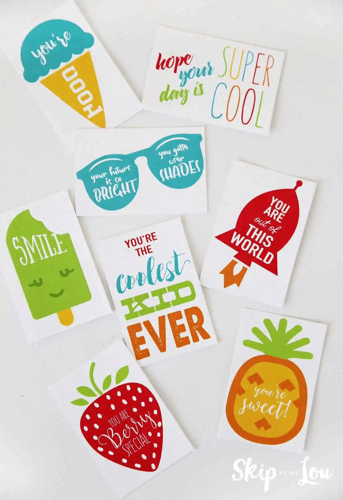 Lunchbox note printables featuring playful illustrations and supportive messages