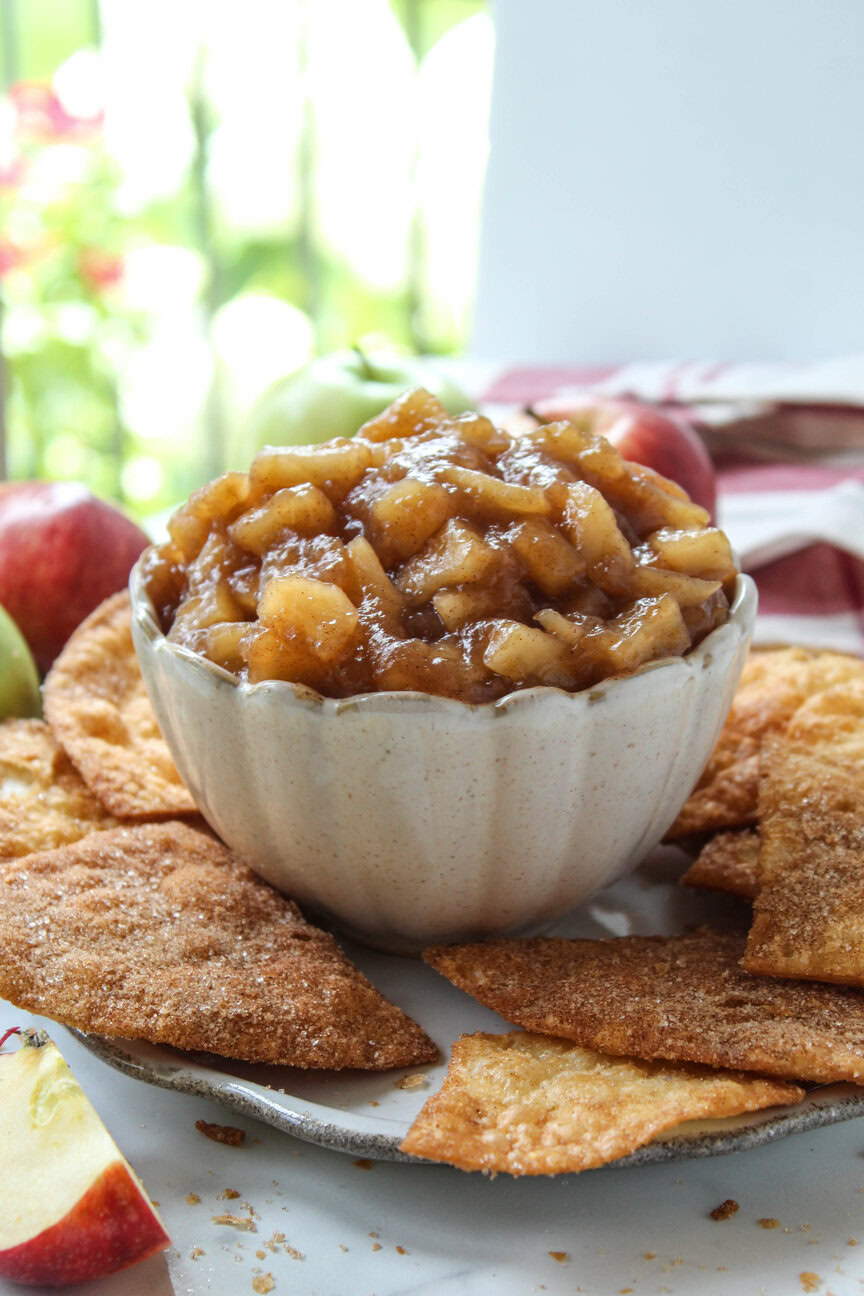 Apple pie salsa served in a bowl with cinnamon sugar tortilla chips