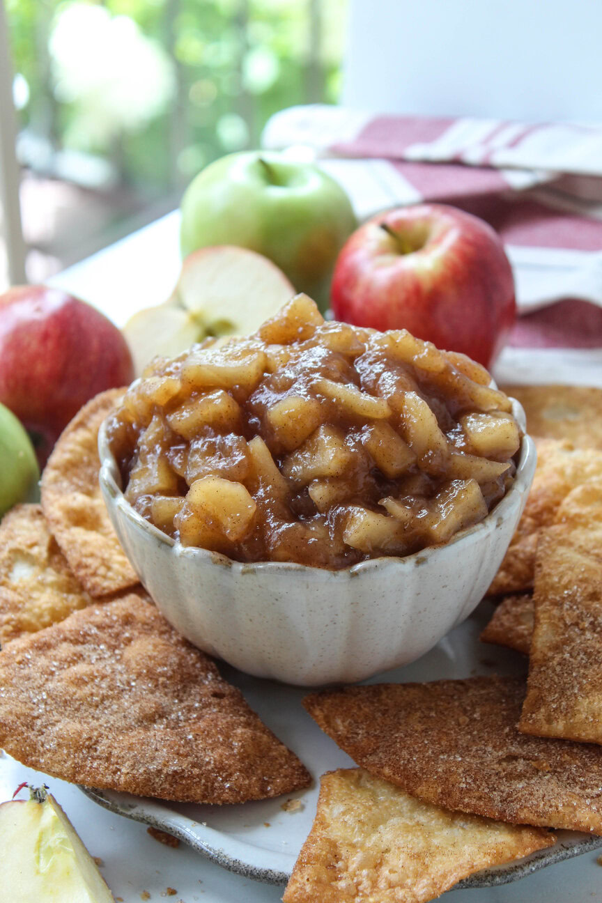 Easy apple pie salsa appetizer with baked cinnamon chips