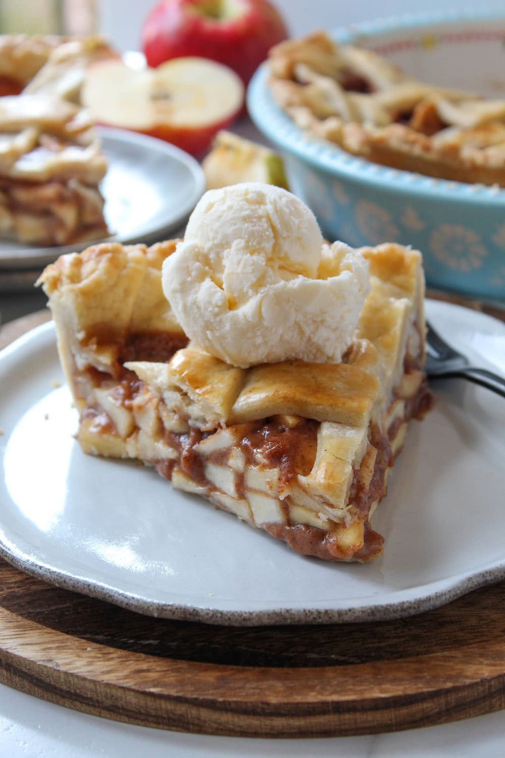 Slice of the best apple pie served on a dessert plate