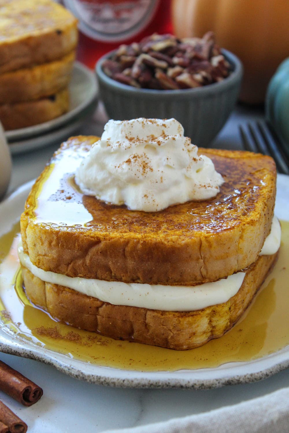 Pumpkin French toast with creamy filling oozing slightly