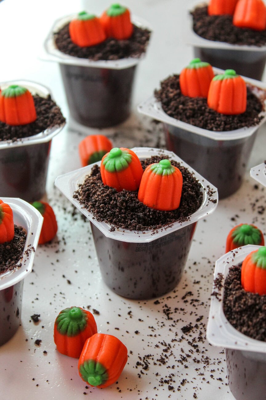 Pumpkin patch pudding cups topped with Oreo “dirt” and candy pumpkins