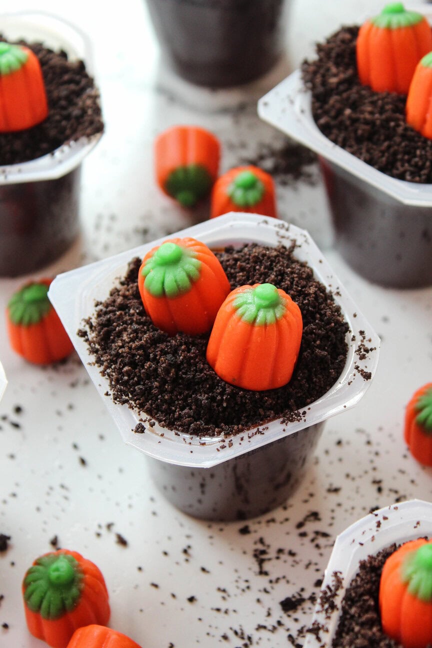Individual pumpkin patch dirt cups for kids’ fall parties