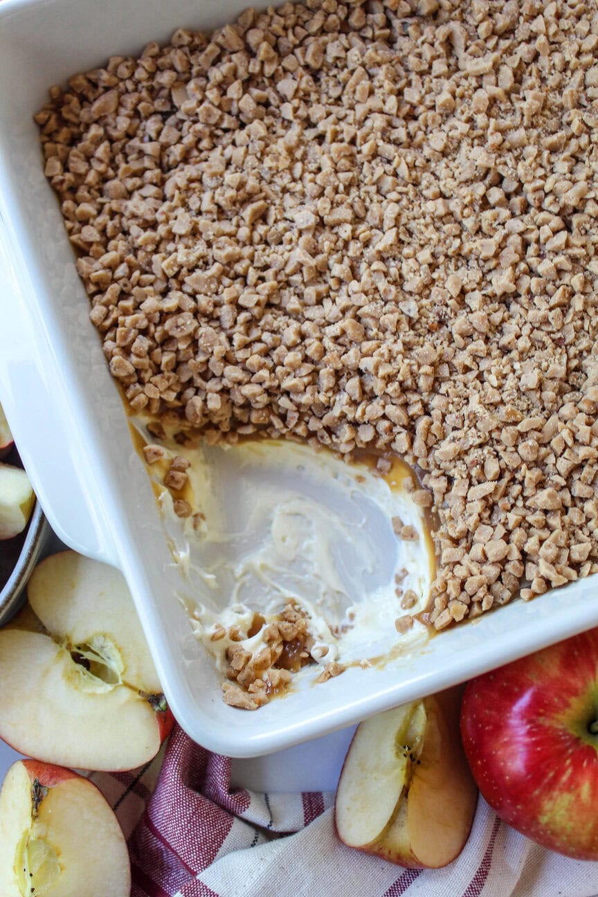 Overhead shot of caramel apple dip