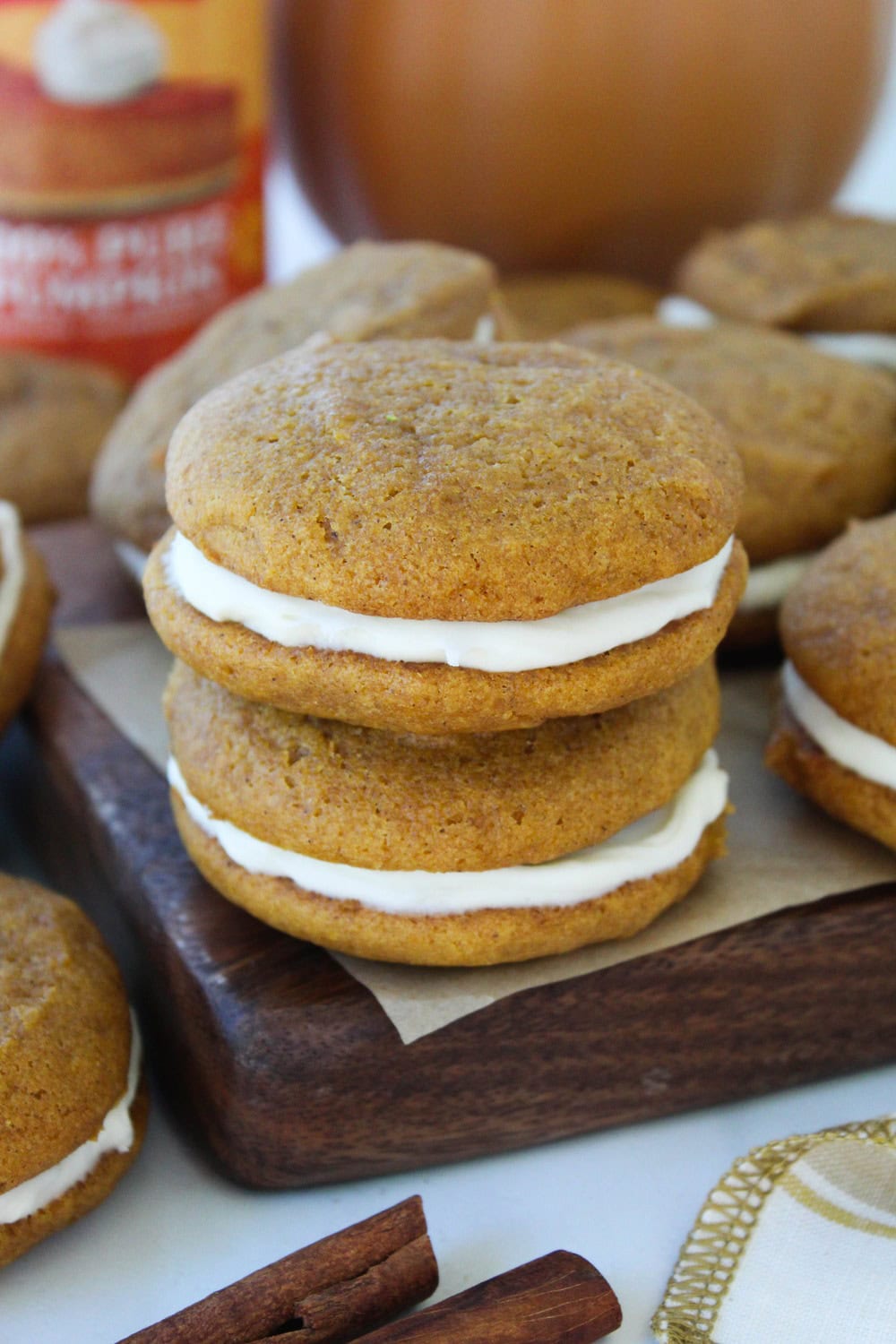 Soft pumpkin cake-like cookies sandwiched around a sweet cream filling