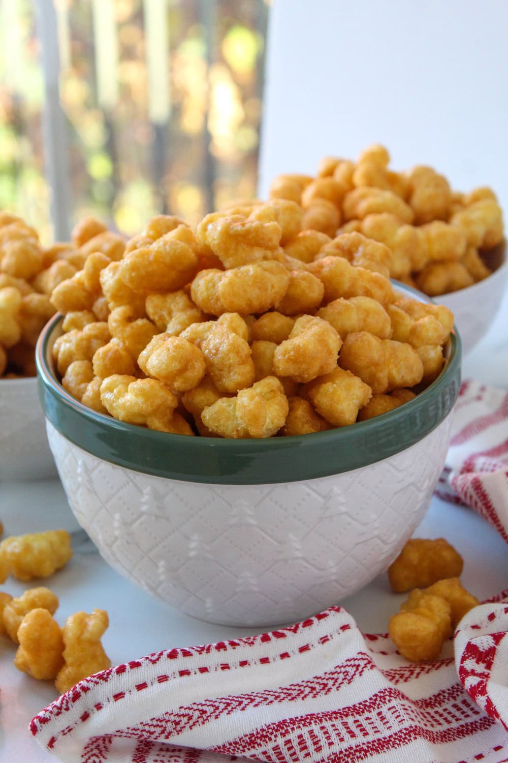 Homemade caramel puff corn with golden, crunchy coating