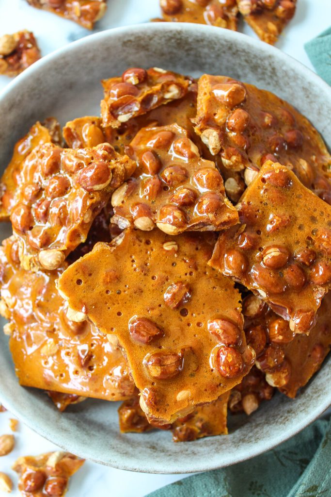 Old‑fashioned peanut brittle broken into golden, glossy pieces