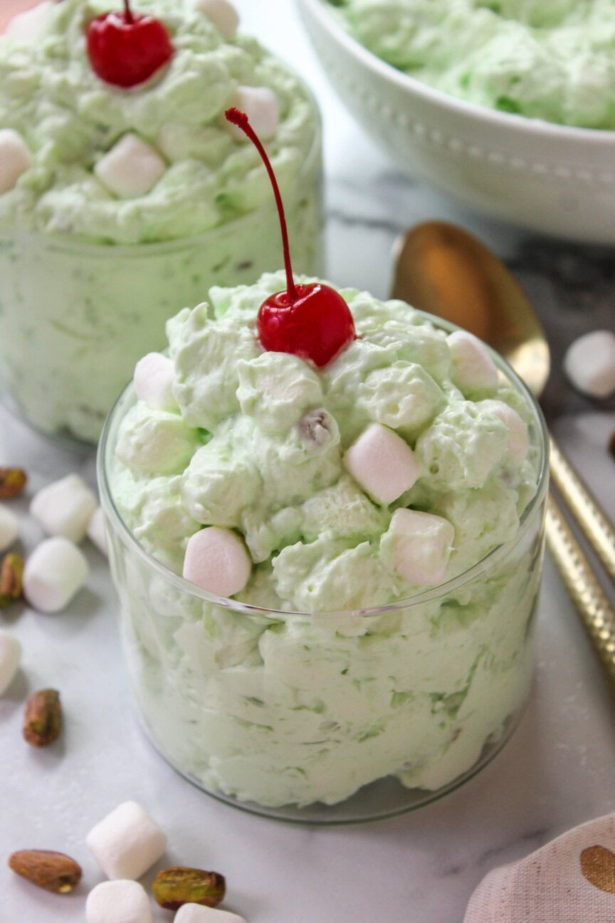 Close‑up of pistachio fluff salad showing fluffy texture and mini marshmallows
