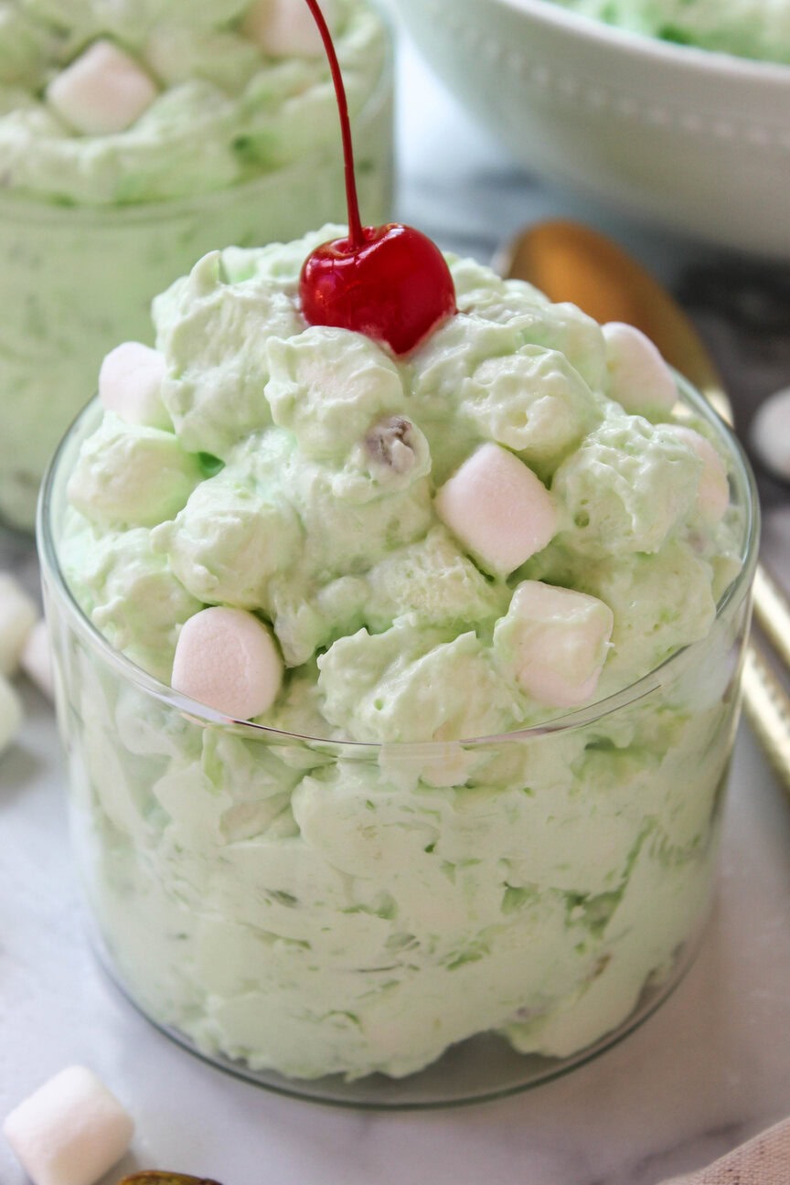Pistachio fluff salad with crushed pineapple and soft marshmallows throughout