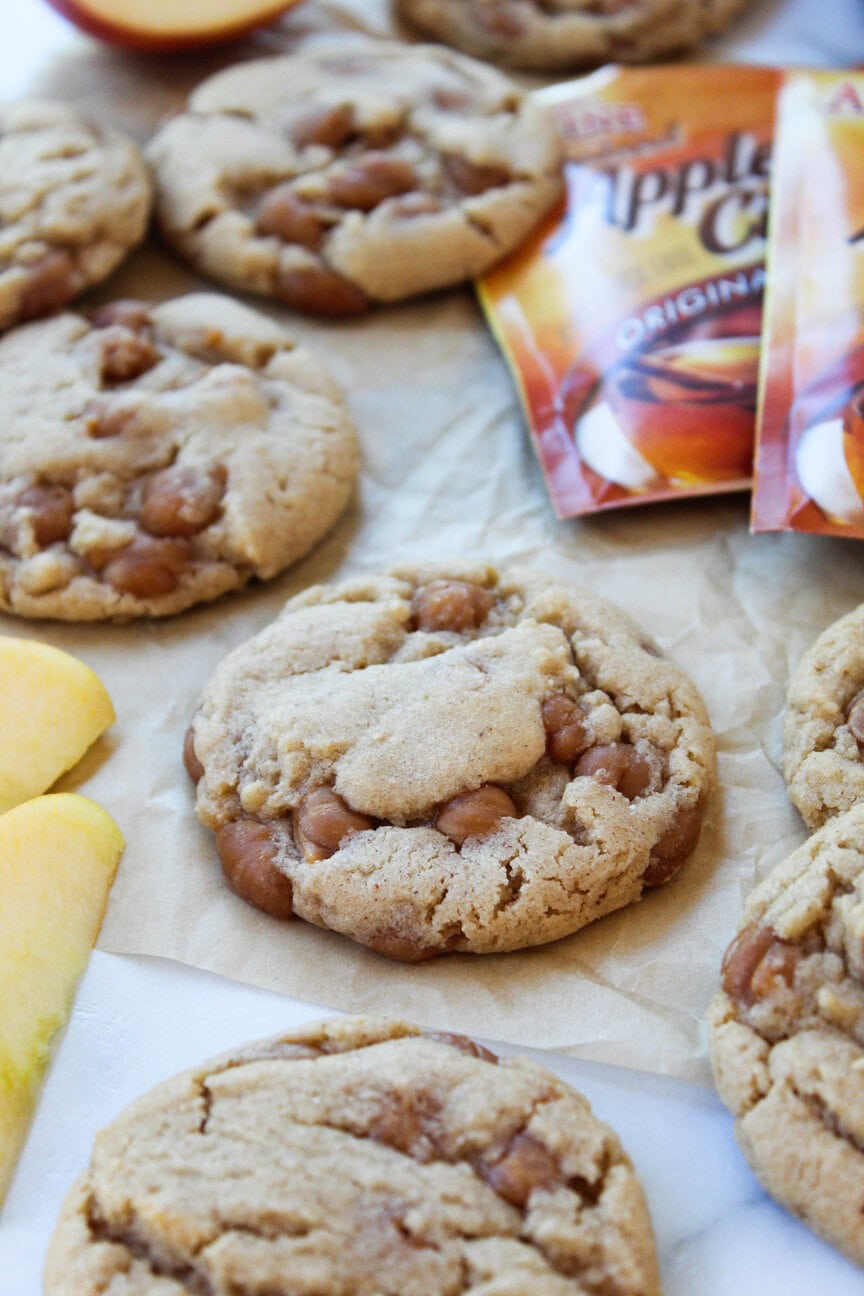 Homemade caramel apple cider cookies with chewy centers and melted caramel throughout