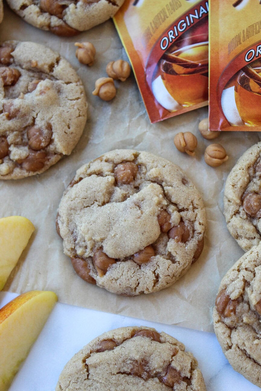 Freshly baked caramel apple cider cookies featuring warm cinnamon spice and sweet caramel pieces