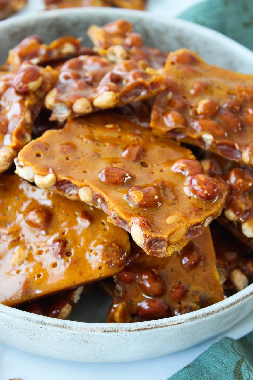 Peanut brittle candy with deep caramel color and shiny finish