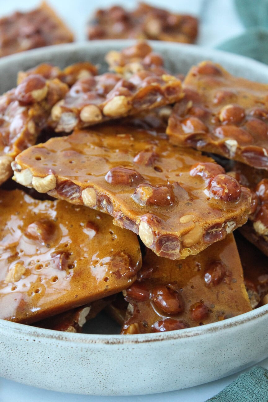 Classic peanut brittle with air bubbles and toasted peanuts