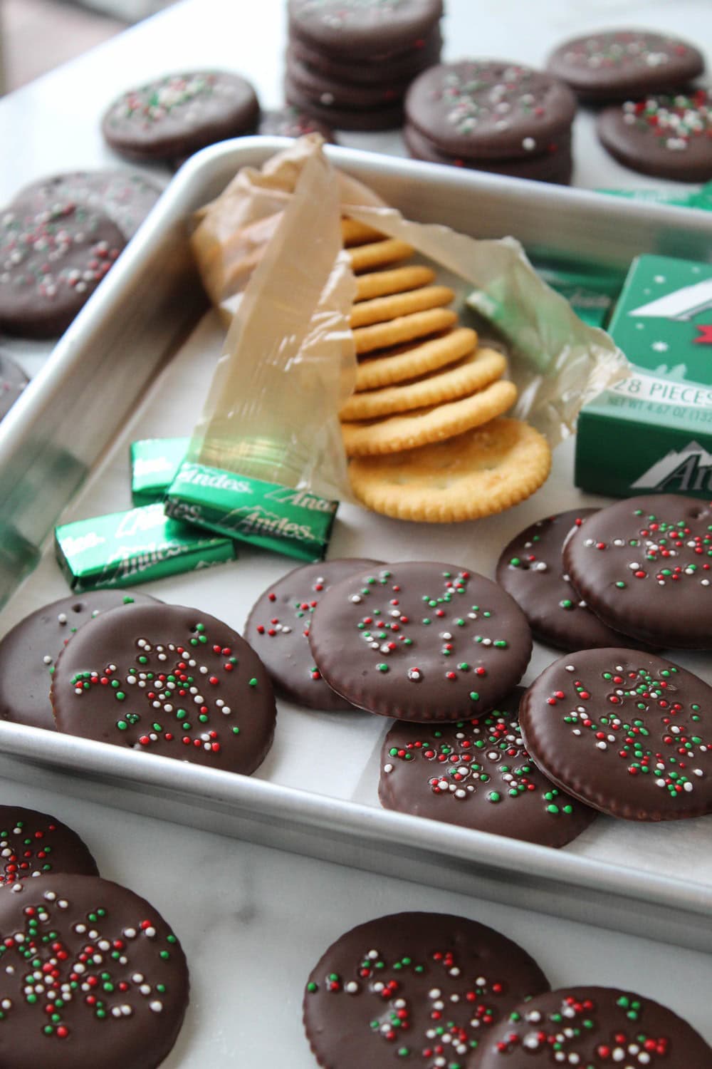Homemade Andes Mint Ritz cookies with a smooth chocolate mint coating