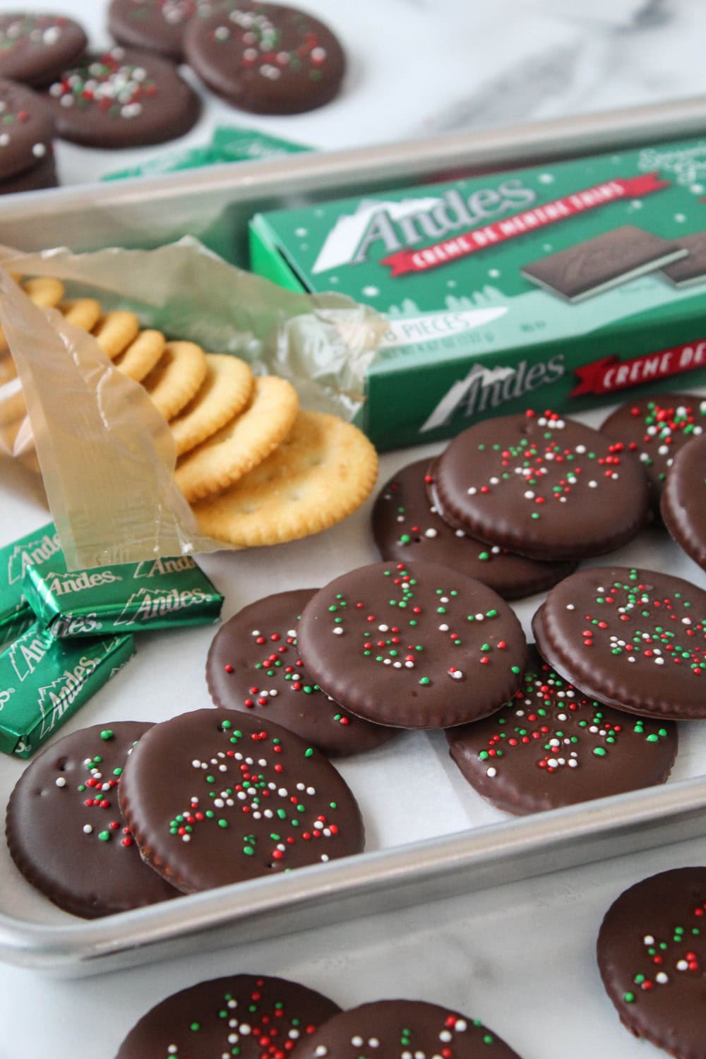 Easy 2-ingredient Andes Mint Ritz cookies arranged on a holiday dessert platter
