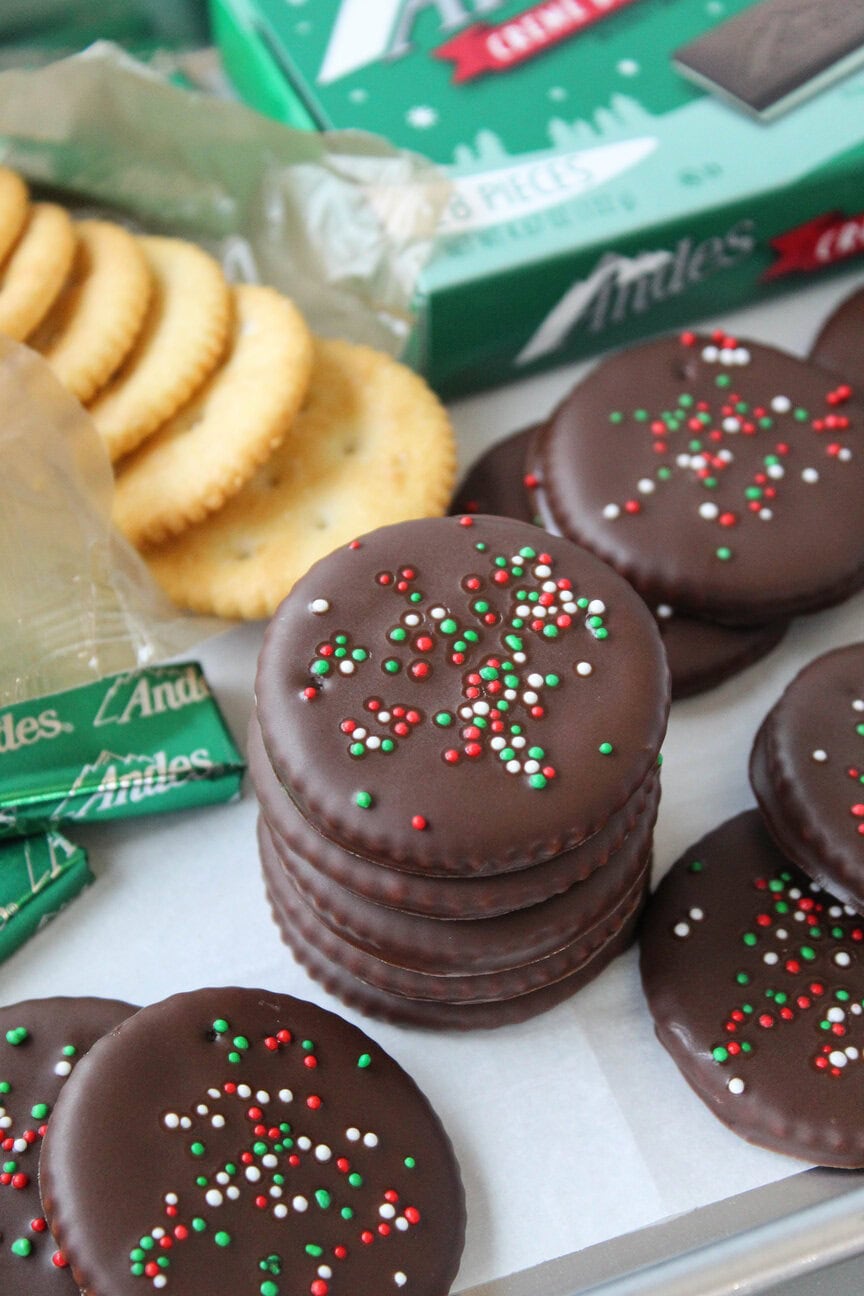 Sweet and salty Andes Mint Ritz cookies decorated with red, green, and white sprinkles