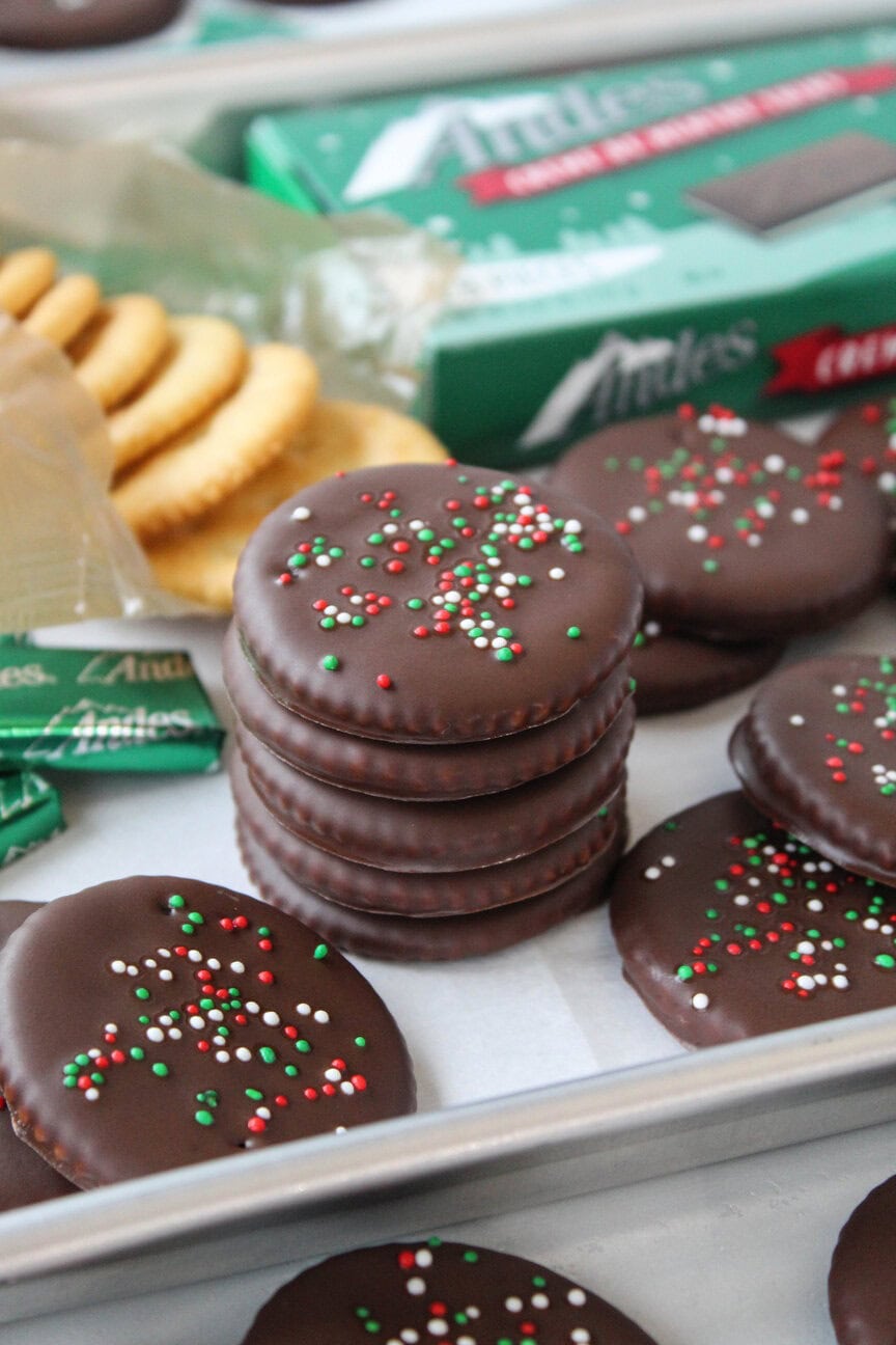 Chocolate-covered Ritz crackers made with Andes Mints and colorful Christmas sprinkles