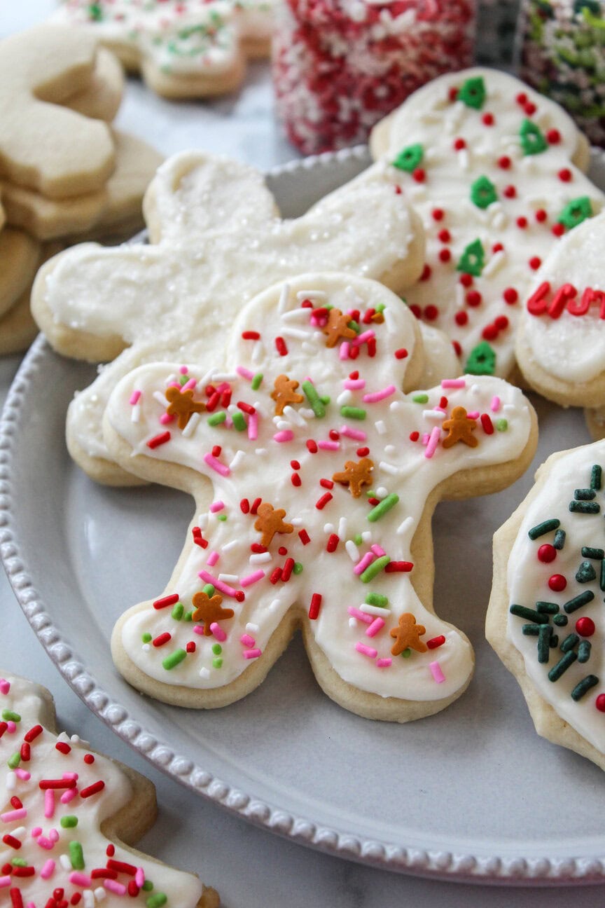 Decorated Christmas sugar cookies in festive holiday shapes