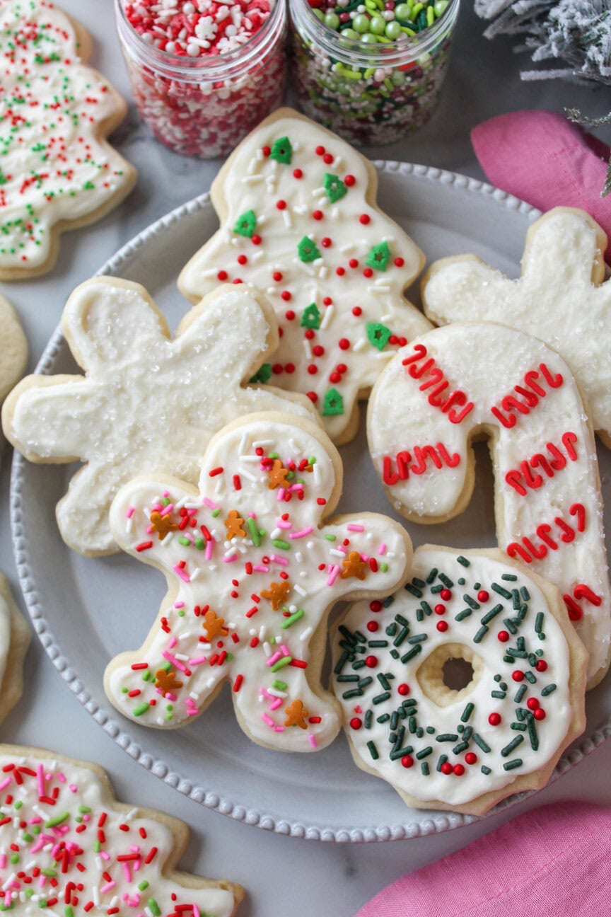 The best Christmas cutout sugar cookies on a holiday cookie tray