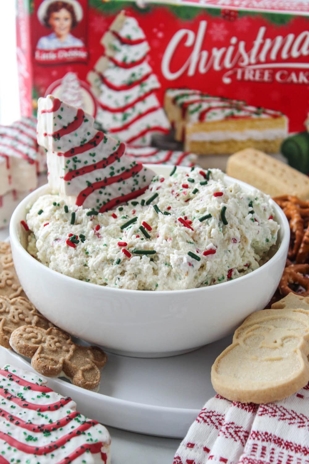 Christmas Tree Cake dip made with Little Debbie snack cakes and Cool Whip