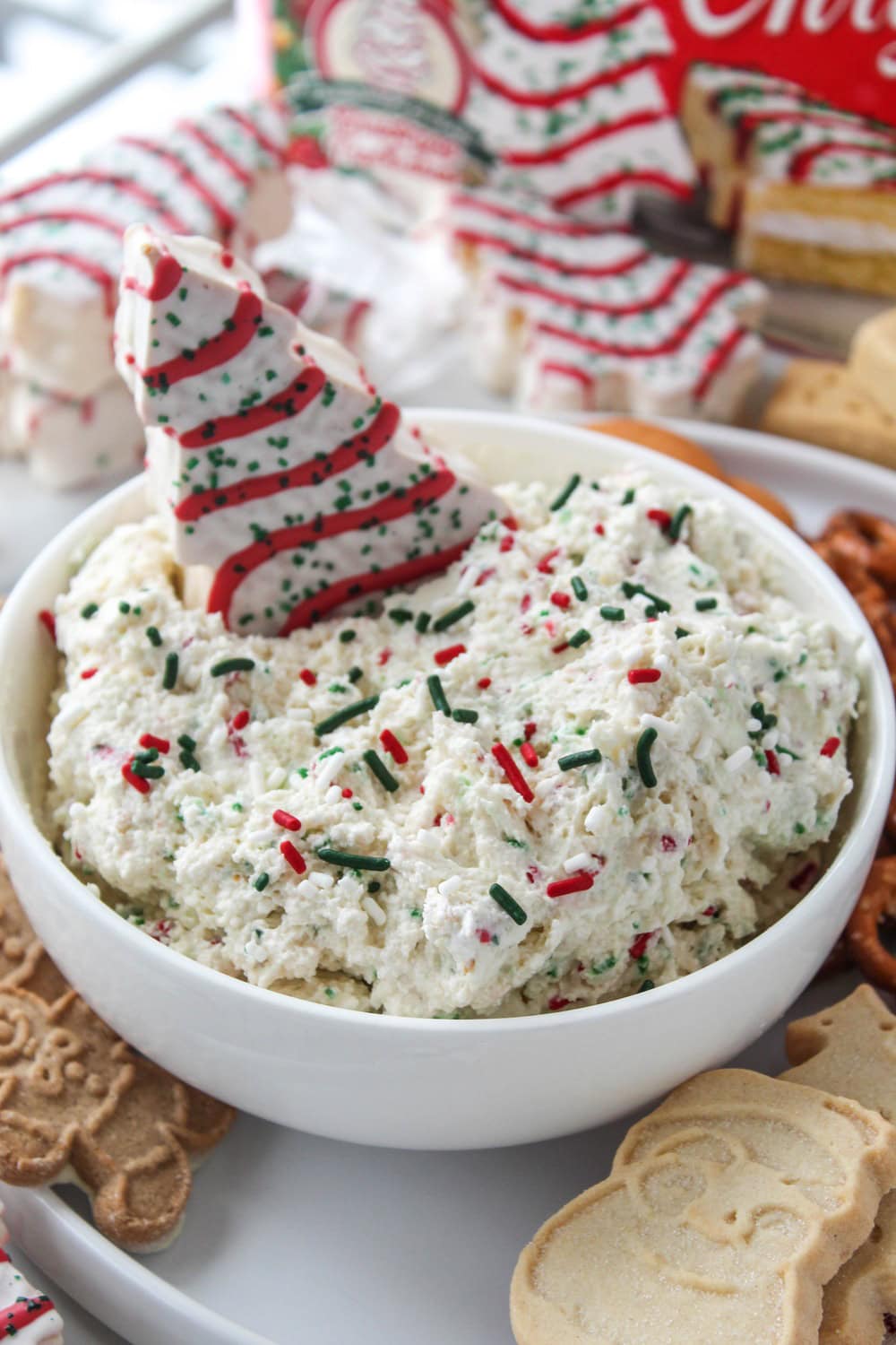 No‑bake Little Debbie Christmas Tree Cake dip ready for holiday parties
