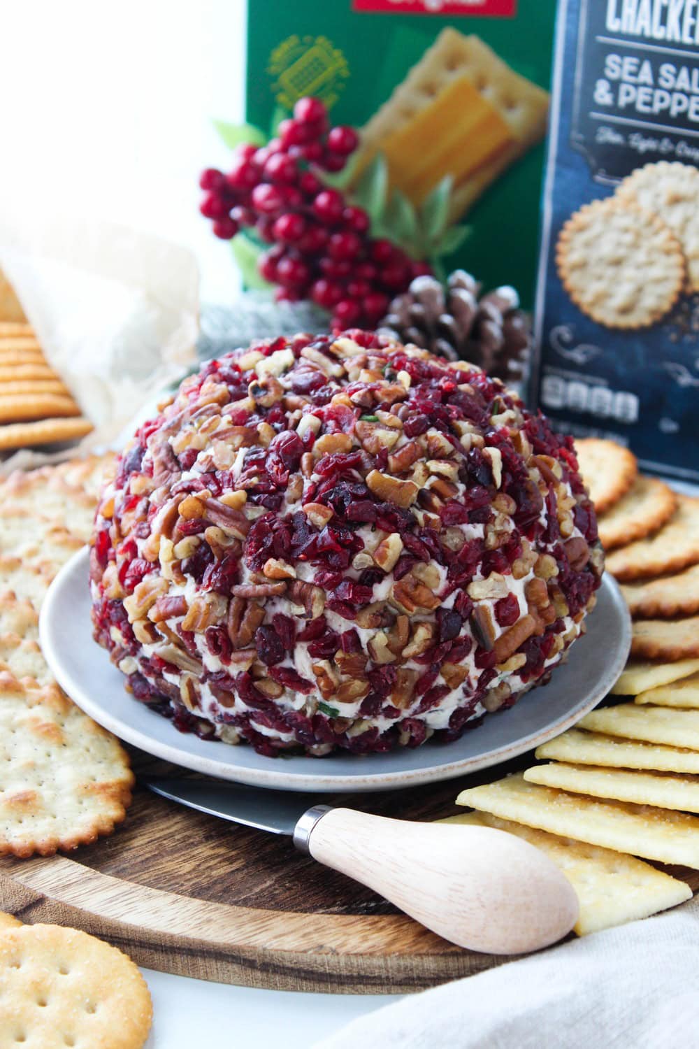 Cranberry pecan cheese ball coated in chopped pecans and dried cranberries