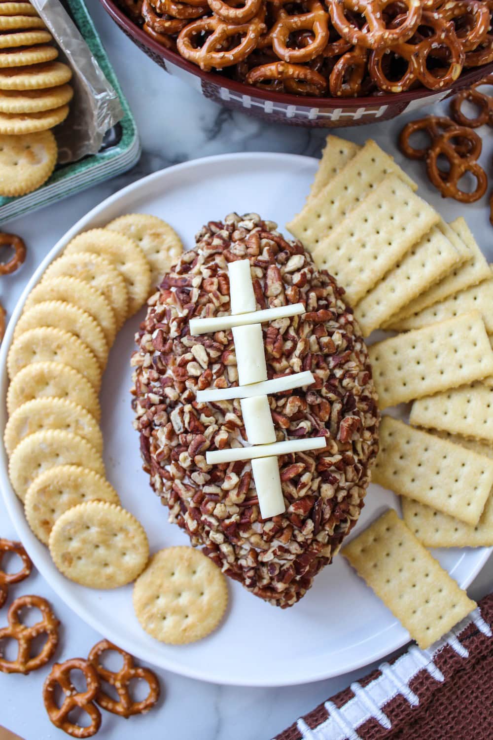 Cheeseball decorated to look like a football