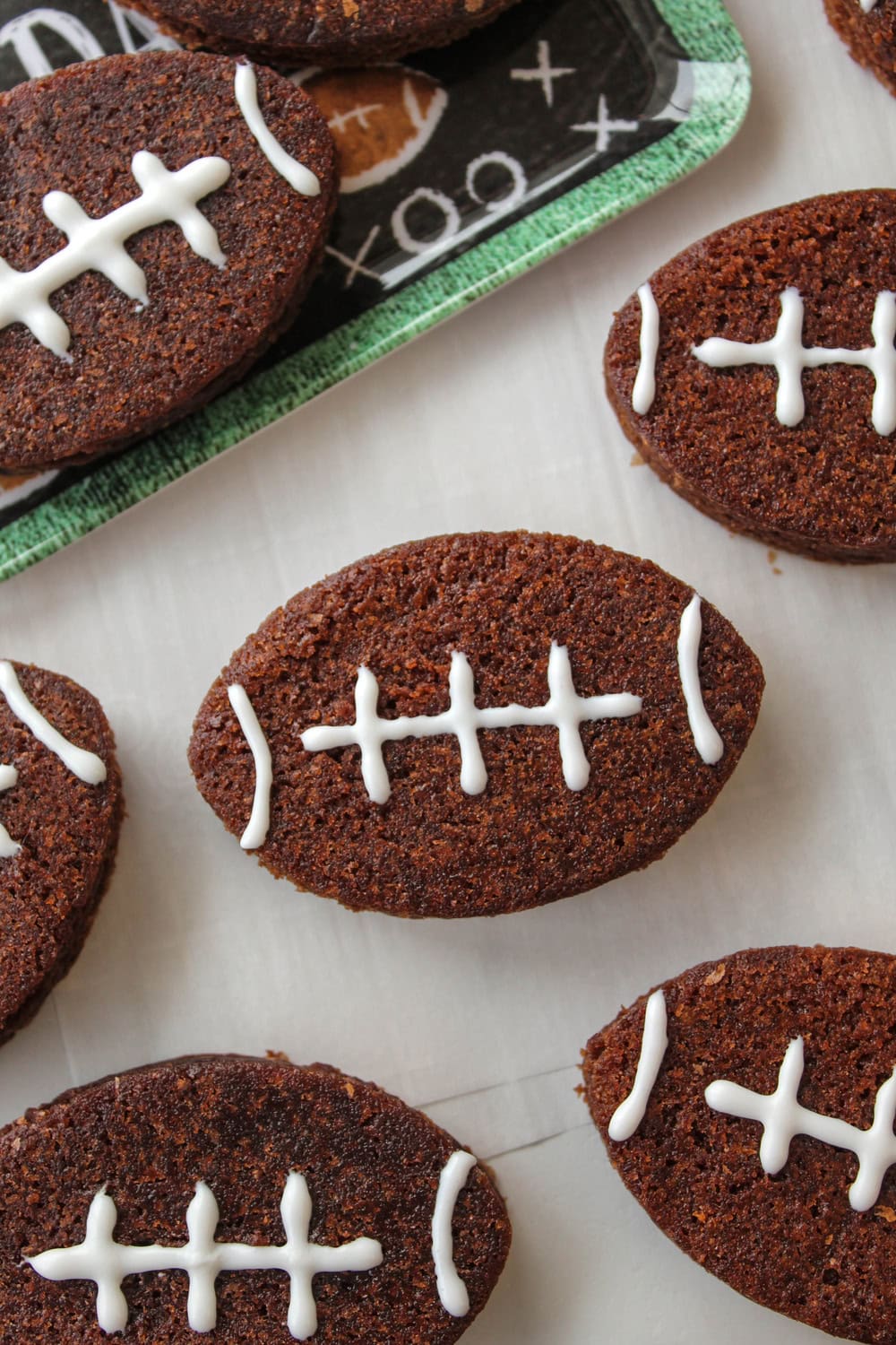Chocolate football-shaped brownies for game day snacks