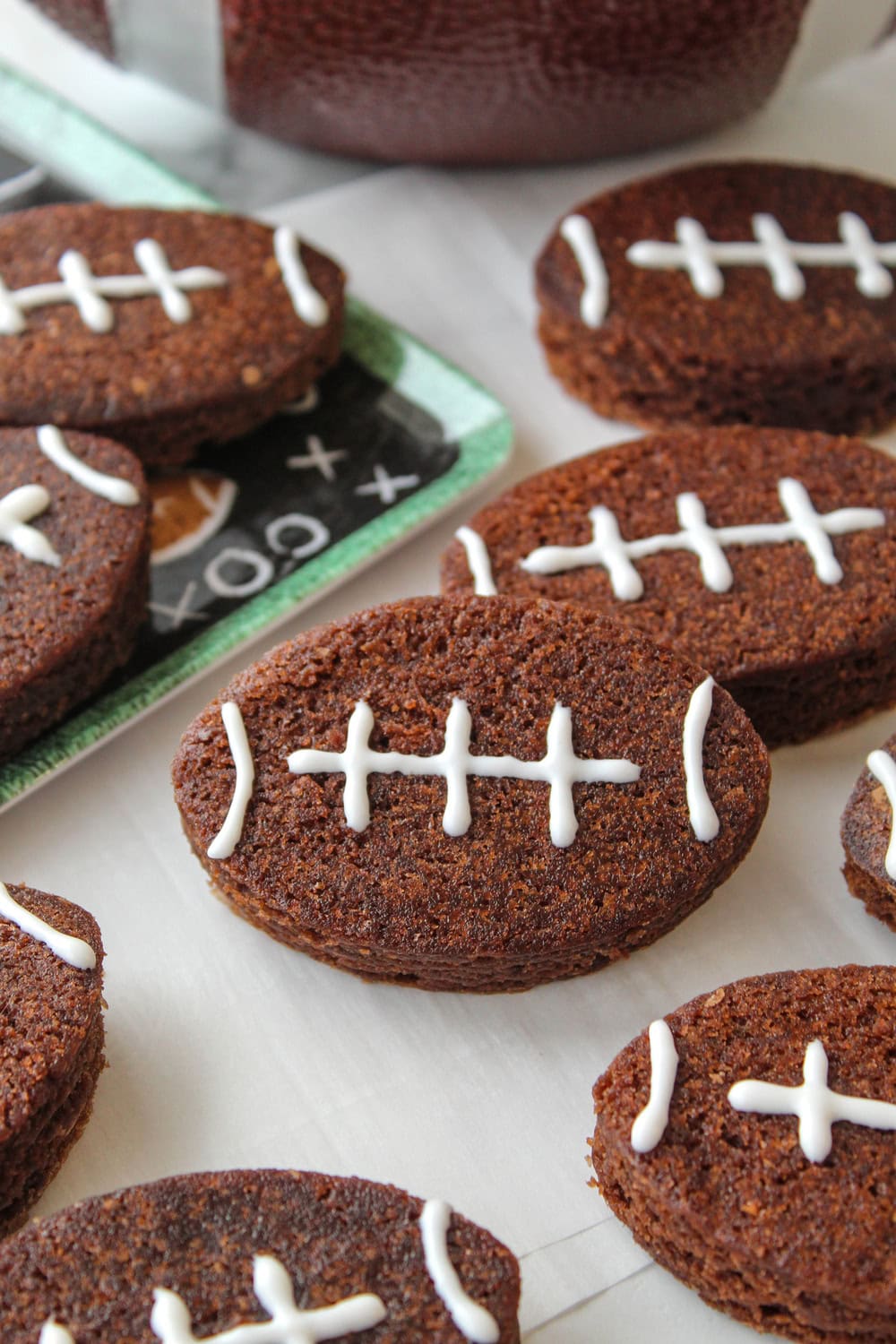 Football-shaped brownies served at a Super Bowl party