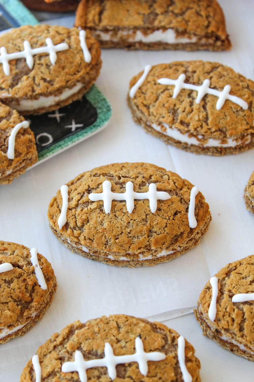 Close‑up of football oatmeal creme pies showing soft cookie texture
