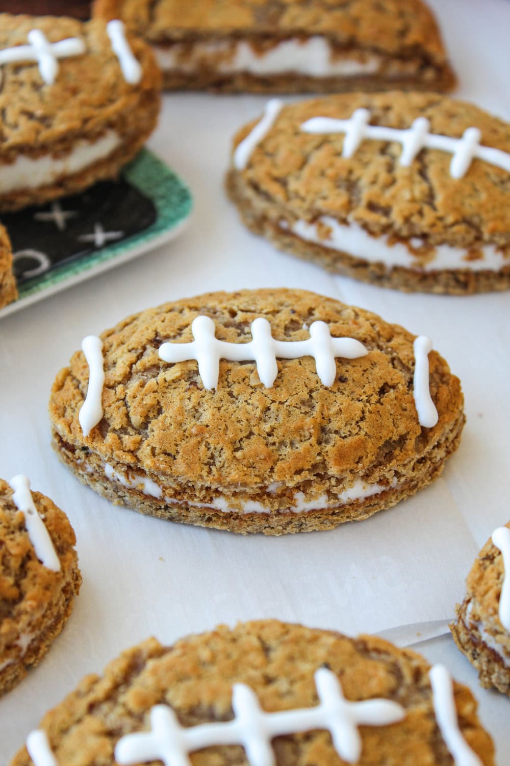 Close‑up of creamy filling inside football‑shaped oatmeal pies