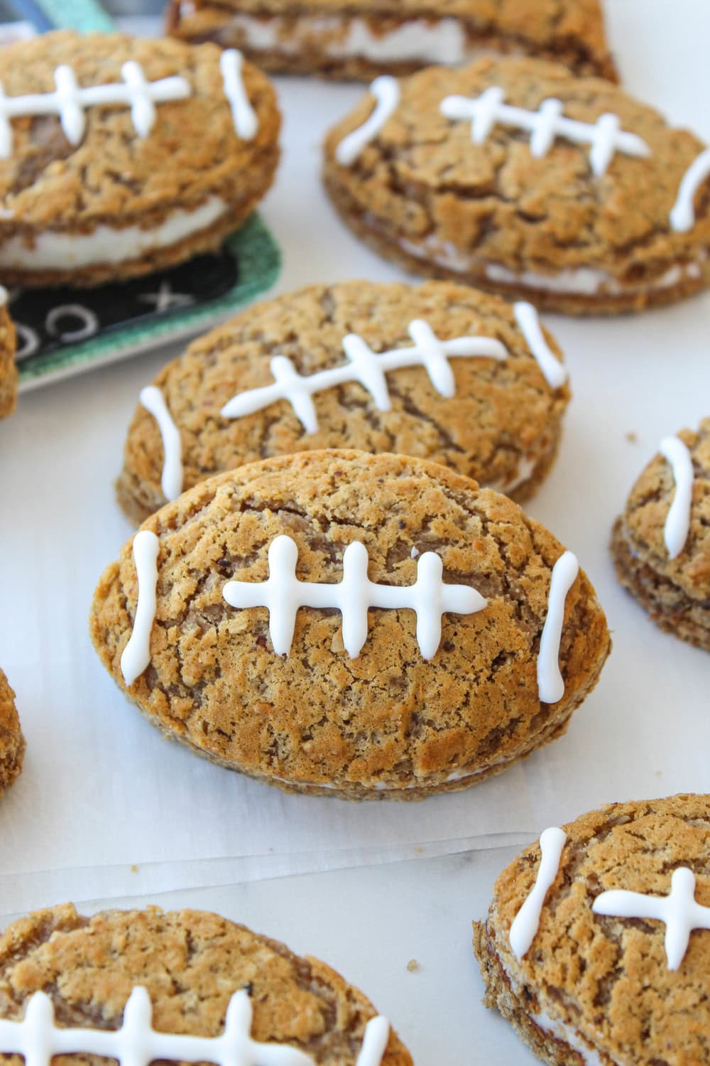 Football oatmeal creme pies displayed as game‑day desserts