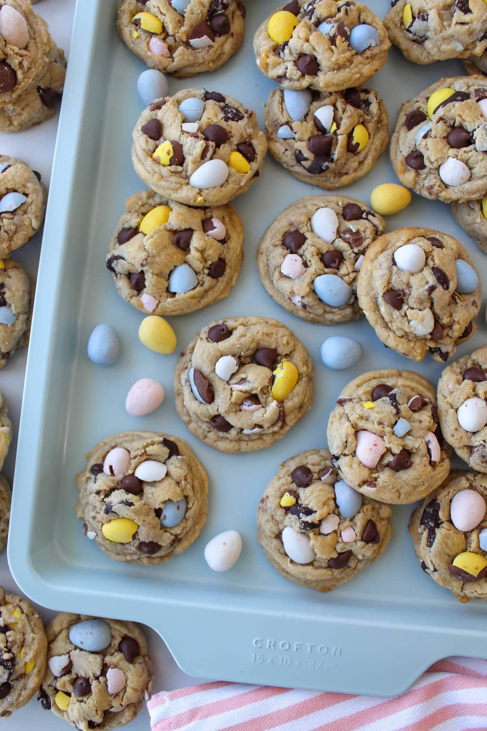 Freshly baked Cadbury egg cookies on a baking sheet