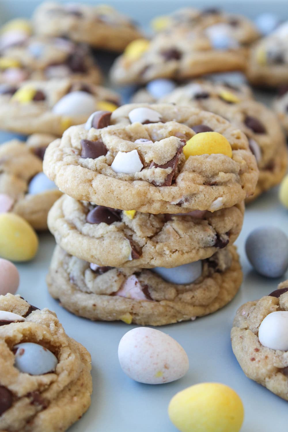 Cadbury egg cookies styled for Easter with pastel candies