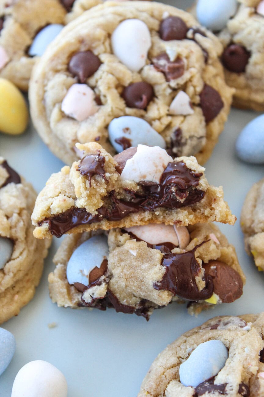 Close‑up of a Cadbury egg cookie showing soft, chewy center