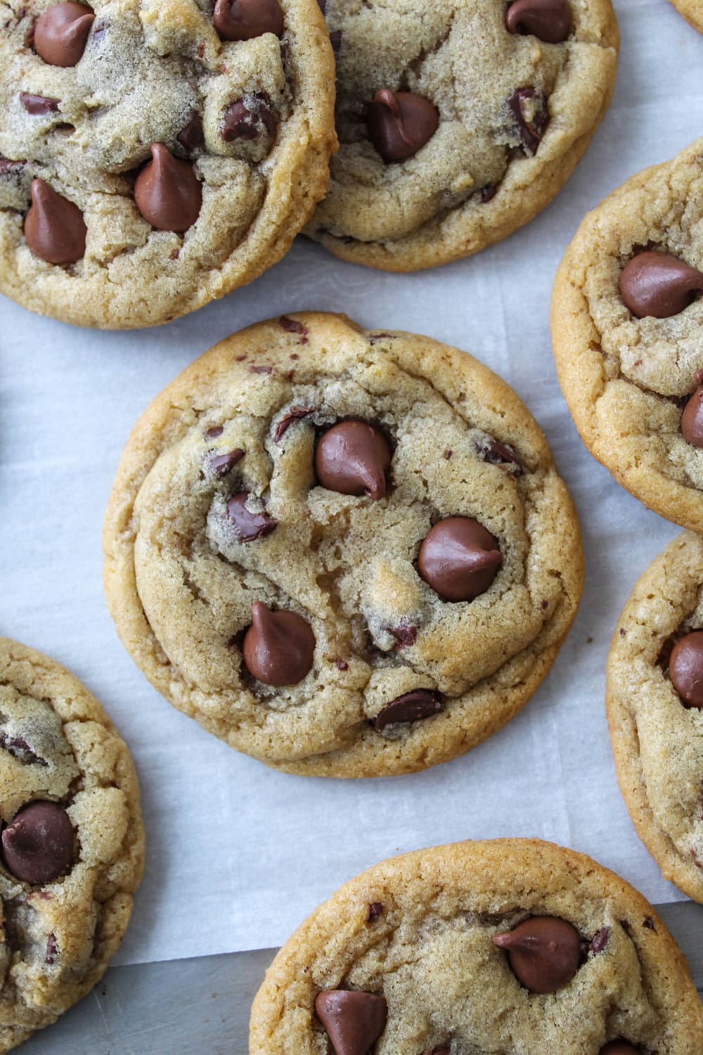 Chewy chocolate chip cookies with soft centers and melty chocolate chips.