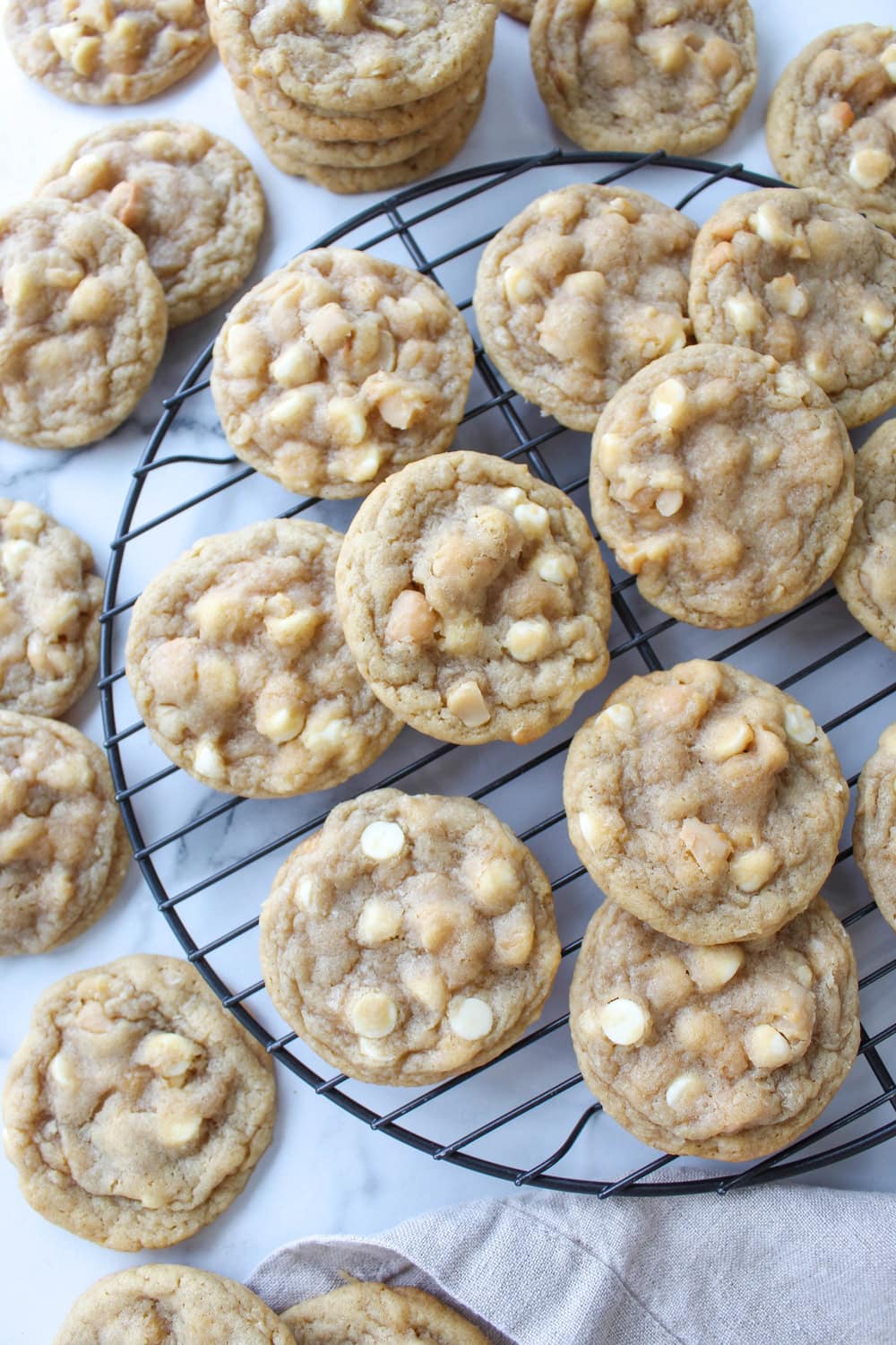 Soft white chocolate macadamia nut cookies with golden brown edges