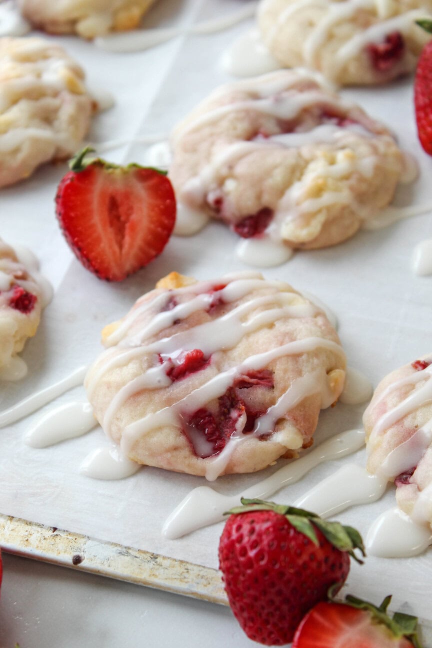 Homemade strawberry shortcake cookies with glaze on top