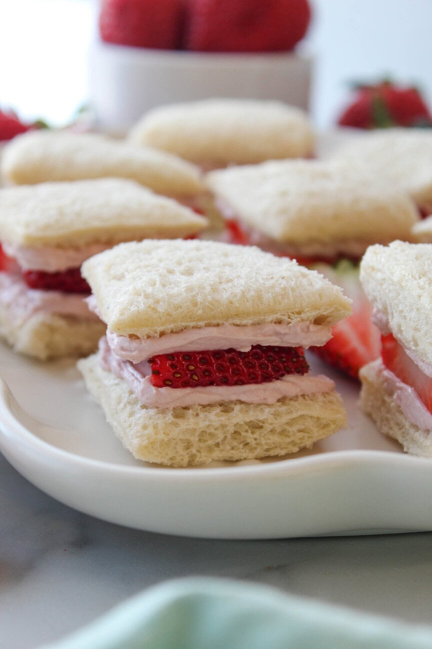Strawberry tea sandwiches made with fresh strawberries and cream cheese