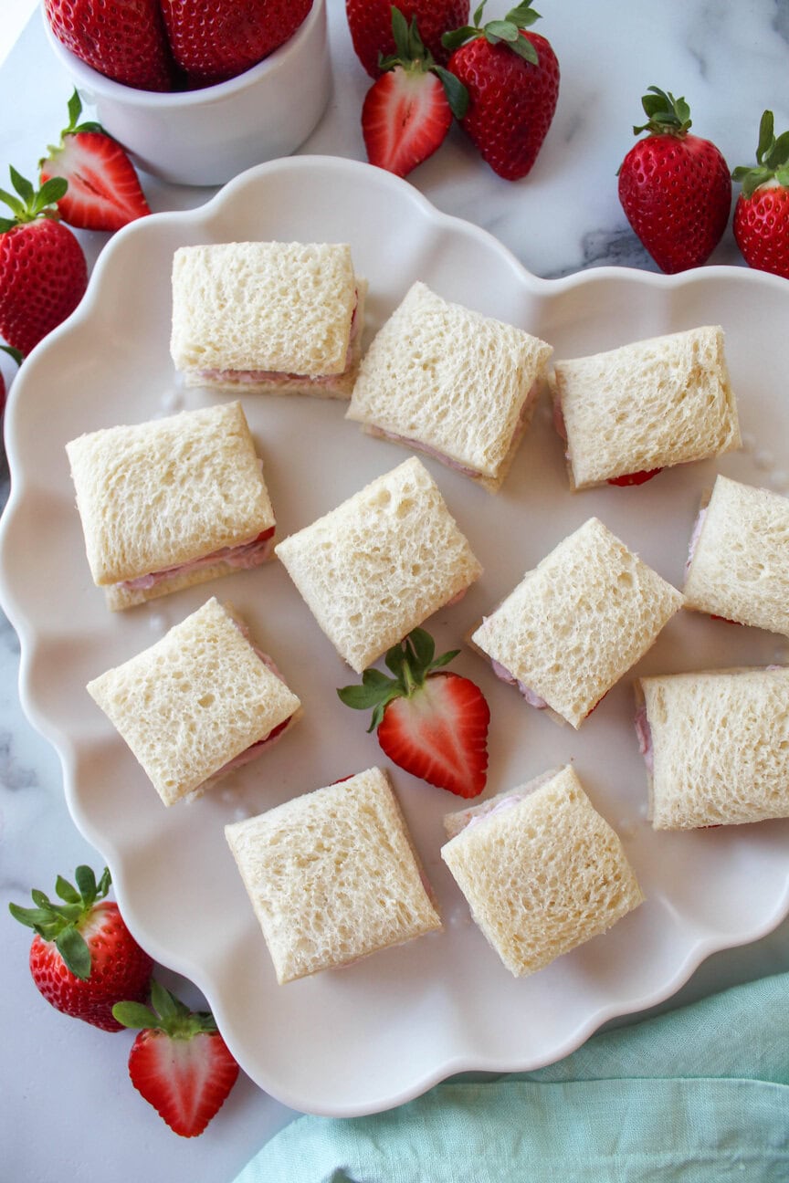 Strawberry tea sandwiches with soft white bread and sliced strawberries