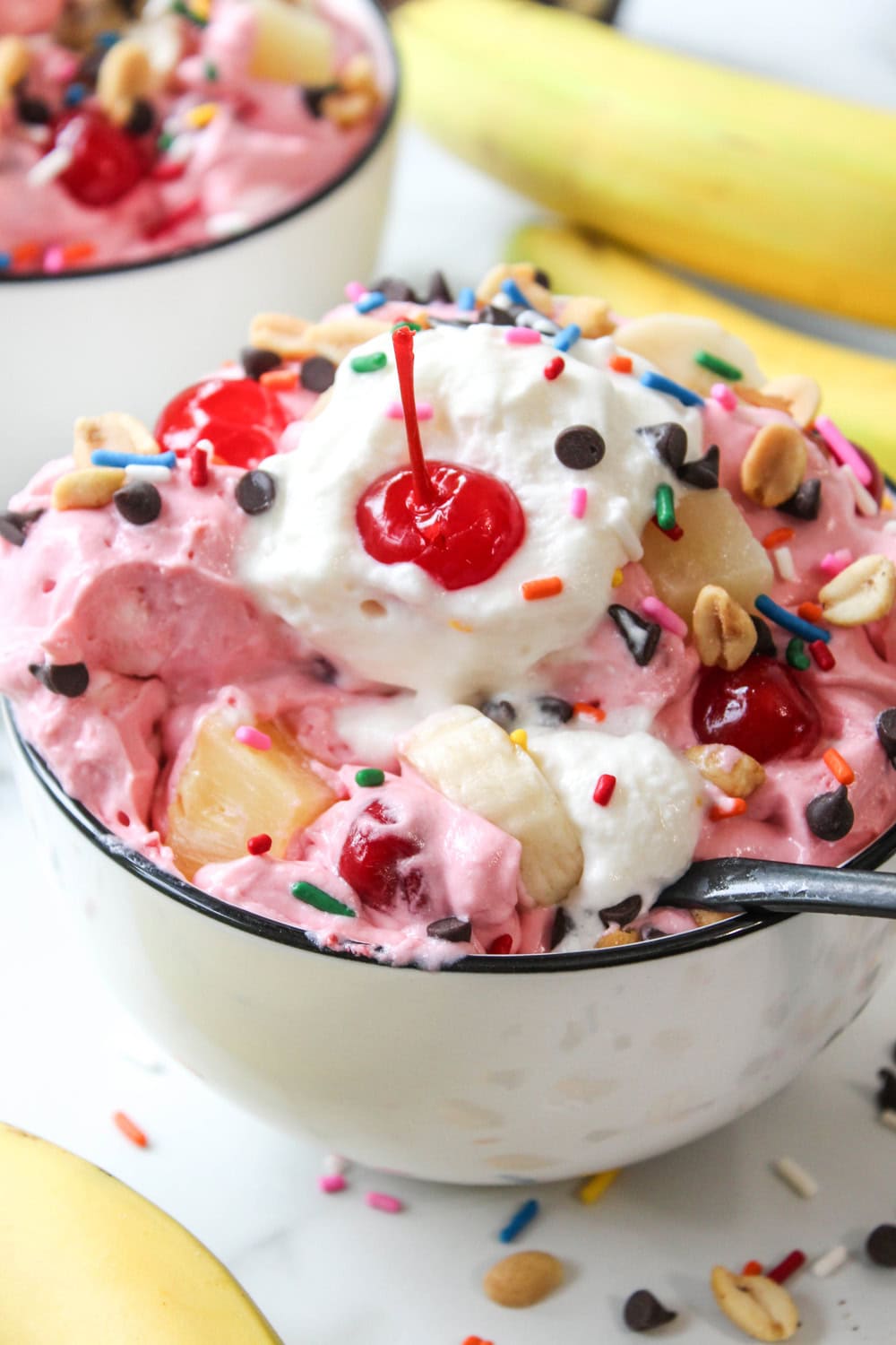 Creamy banana split fluff with whipped topping