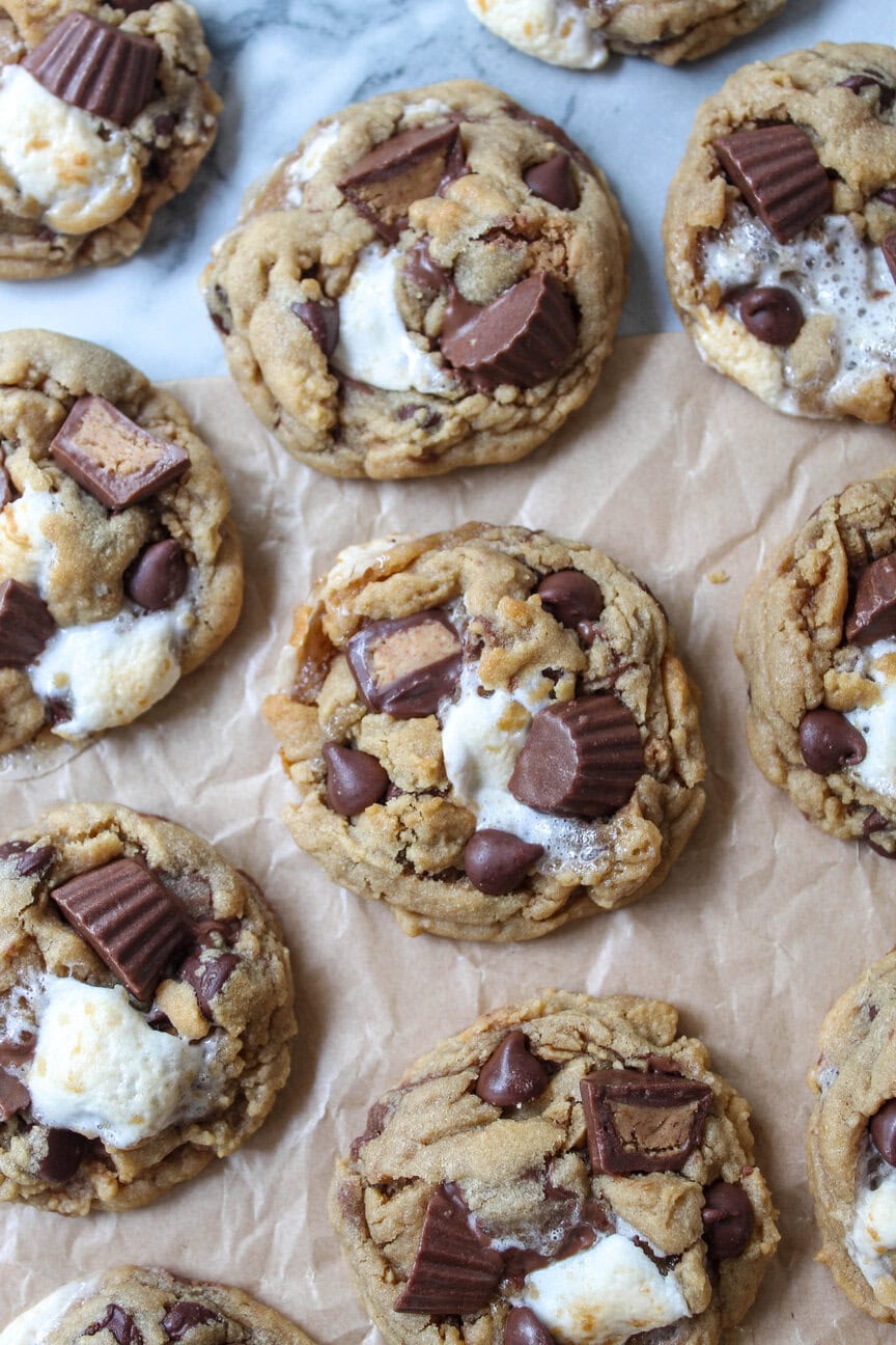 Soft Reese’s peanut butter cup cookies with chocolate chips and melted marshmallows