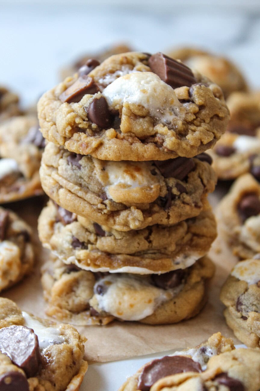 Chewy chocolate chip cookies with Reese’s pieces and gooey marshmallows