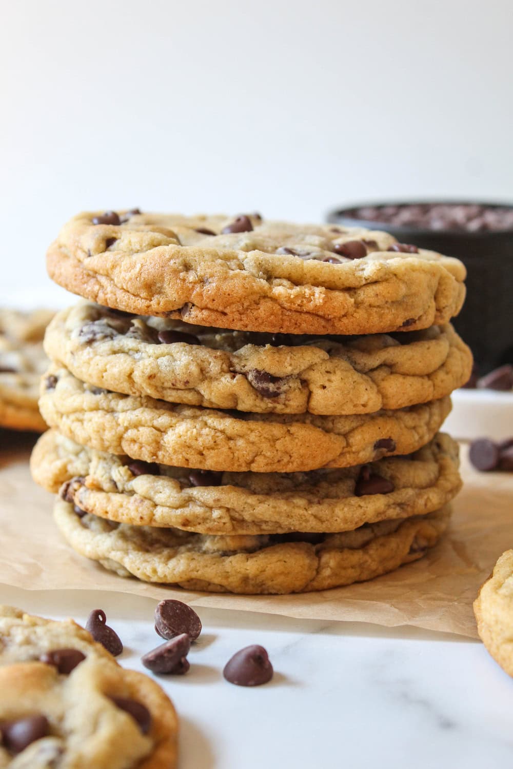 Bakery style chocolate chip cookies stacked