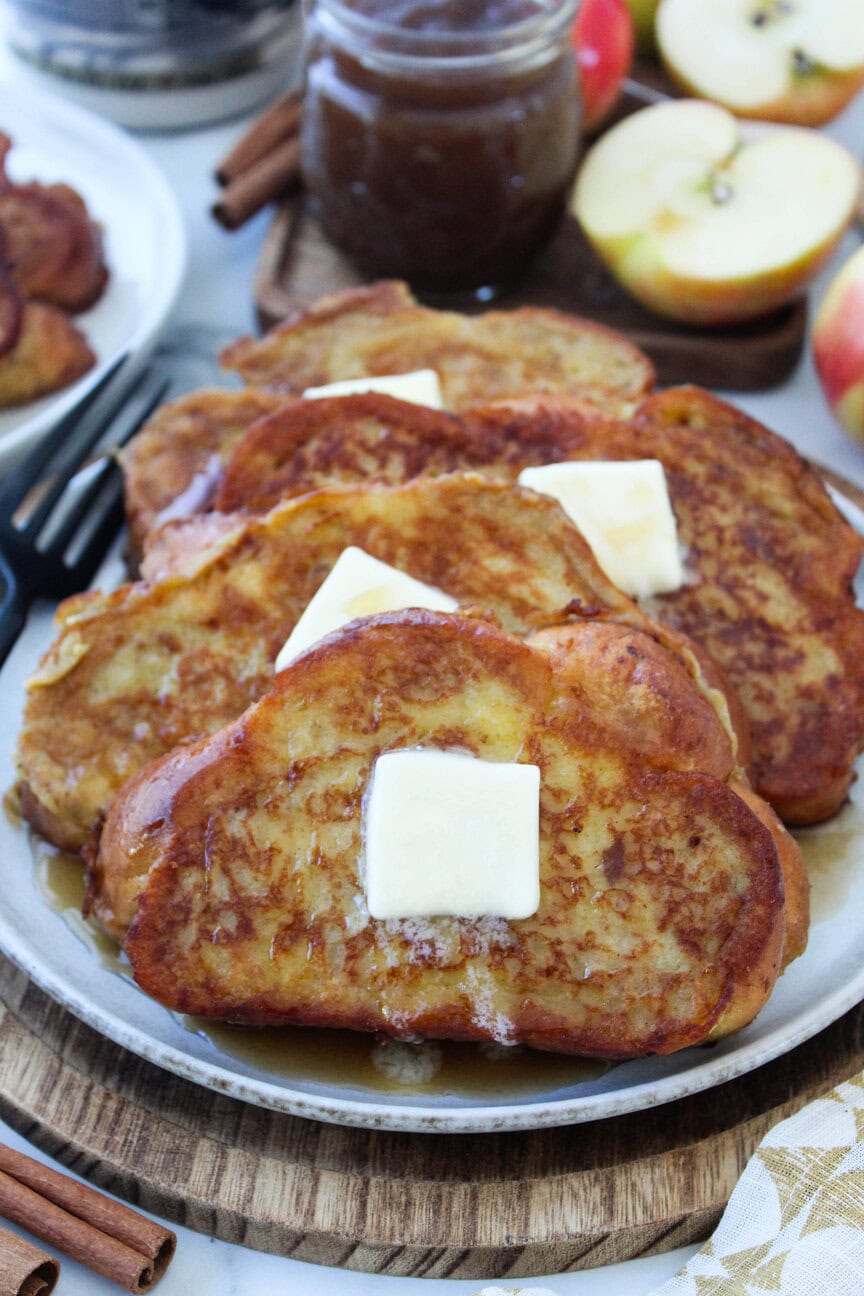 Crispy, buttery French toast with apple butter swirled into the custard