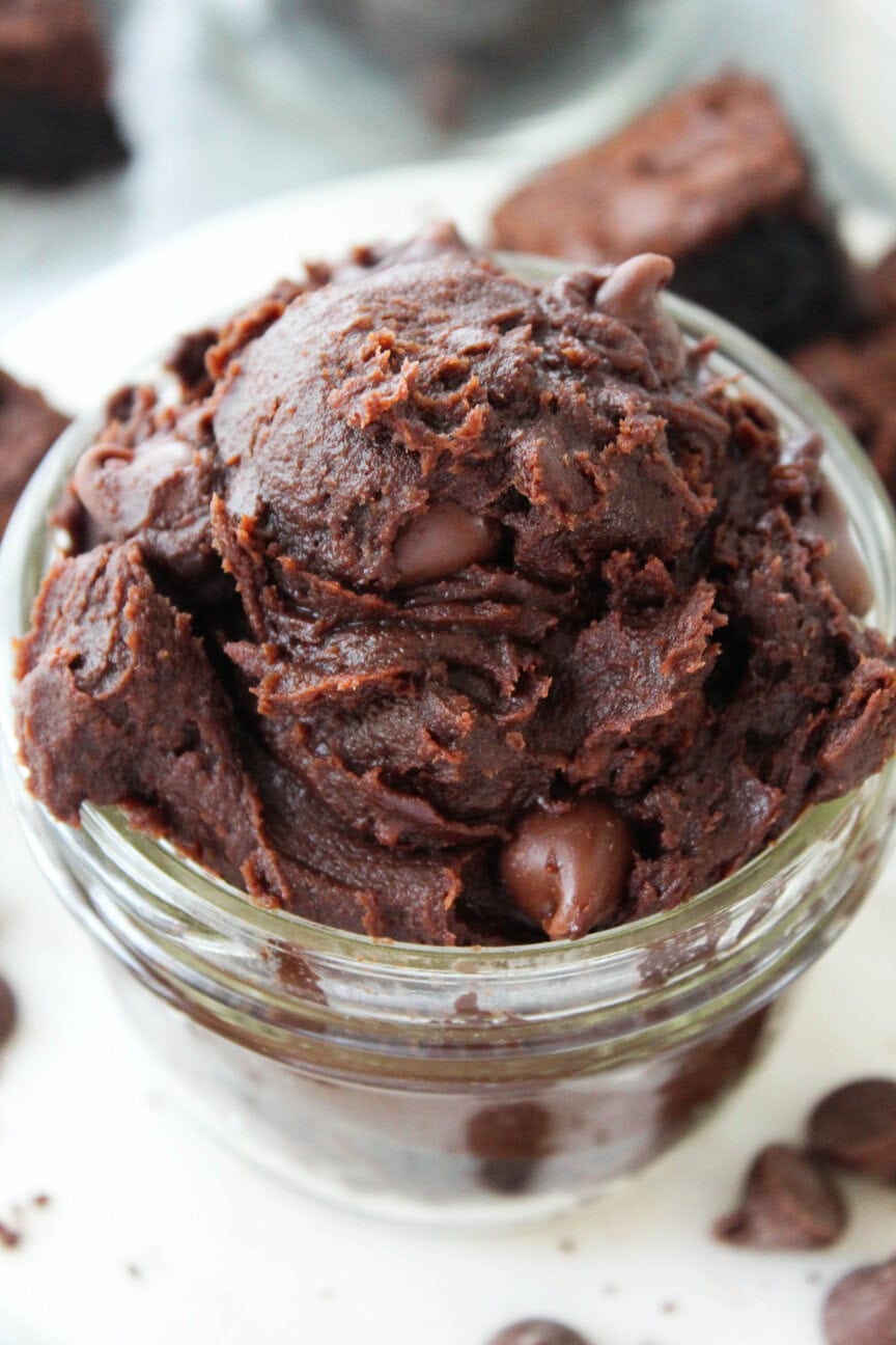 Edible brownie batter with a dark, rich chocolate color and creamy texture