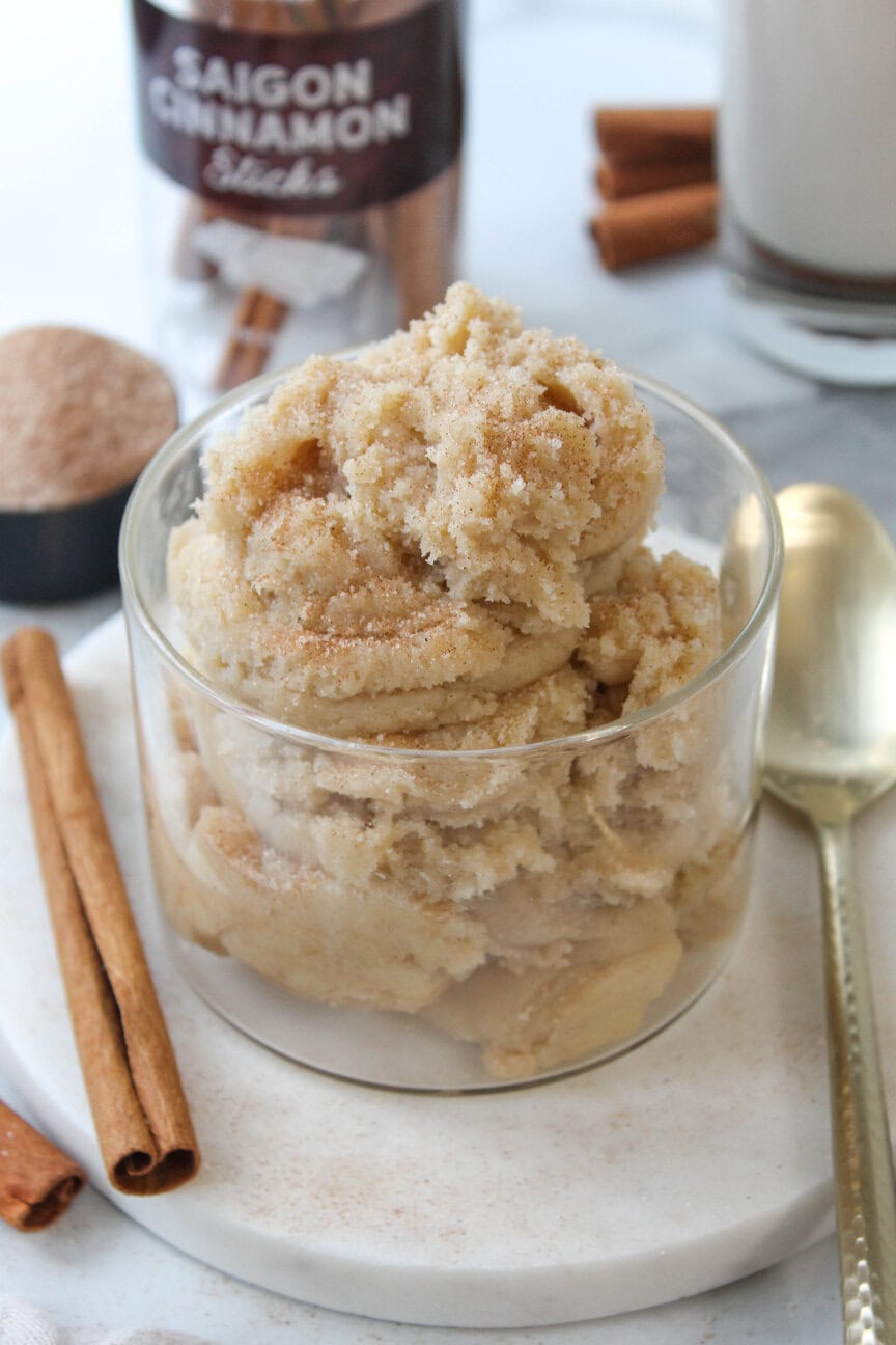 Overhead shot of edible snickerdoodle cookie dough with cinnamon dusting